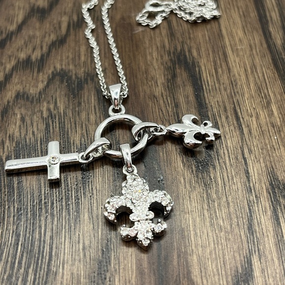 Silver Charm Necklace with Cross and Fleur-de-lis with Rhinestones Necklace - Picture 8 of 14